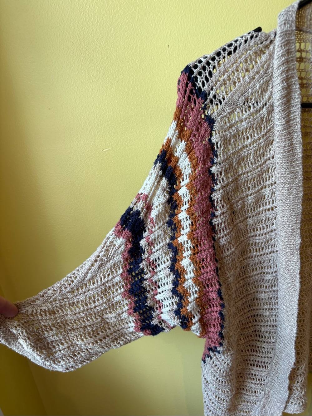 Maurices Cream Open-Knit Cardigan with Rust and Navy Patterned Sleeves - Picture 5 of 5